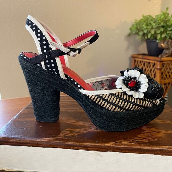 Poetic License Fancy Me Block Platform Heels Black Tan Red White Floral US 6 - Picture 3 of 15